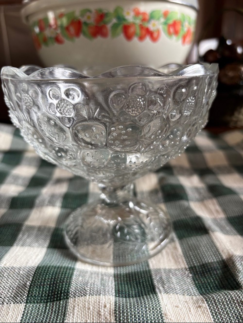 Strawberry Clear Glass Pedestal Compote Bowl